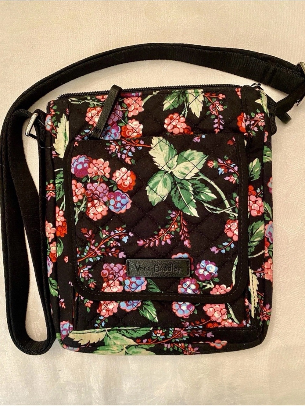 Vera Bradley Black Quilted Crossbody with Pink & Purple Floral Print
